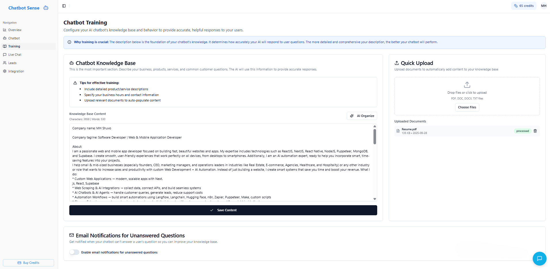AI Knowledge Base Page
