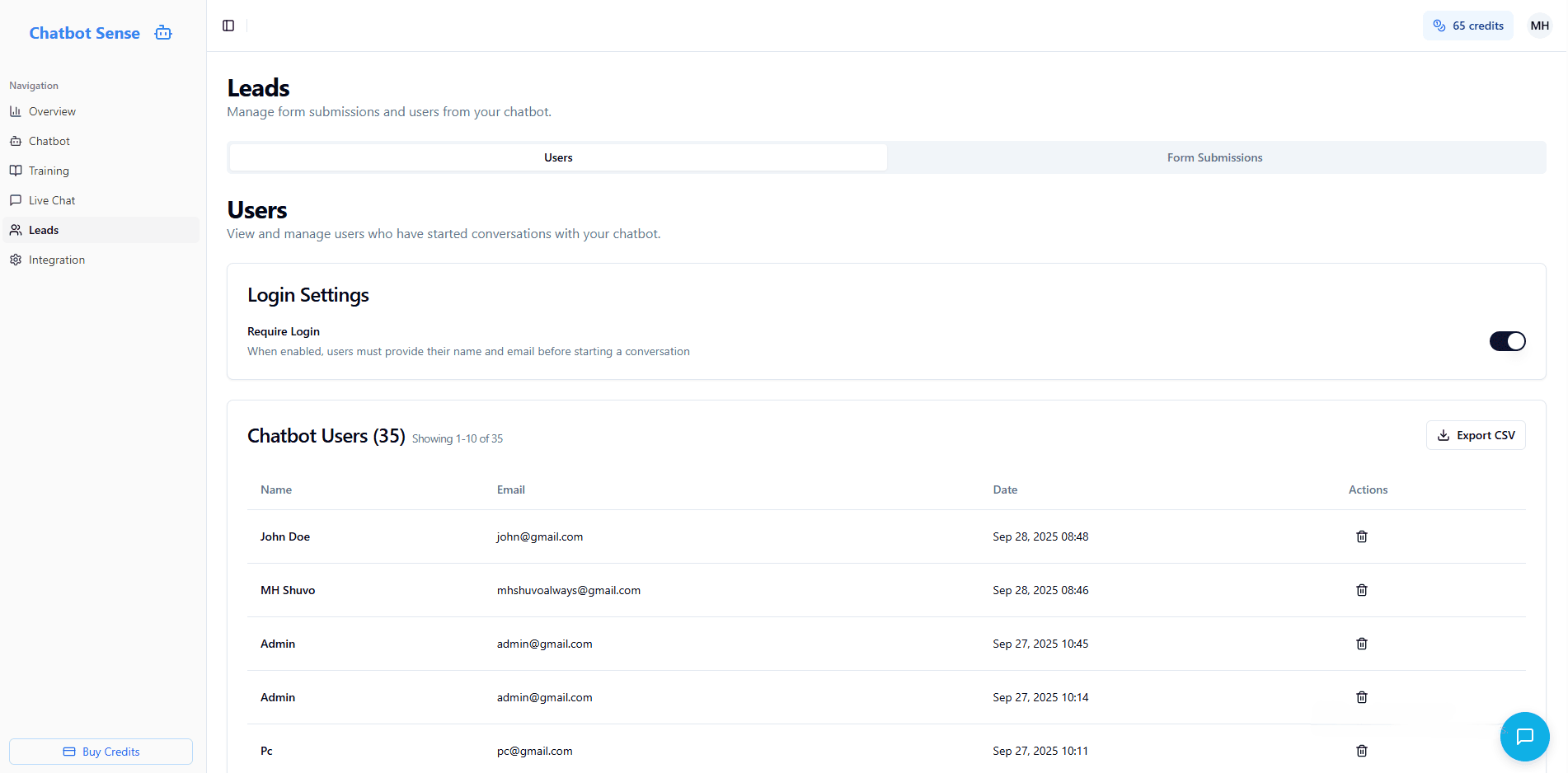 Leads Management Page