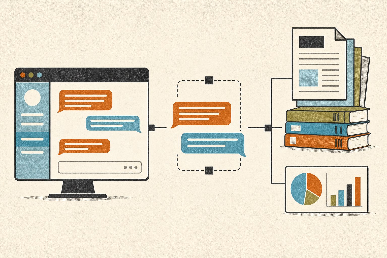 A website conversation connected to business documents and an analytics chart